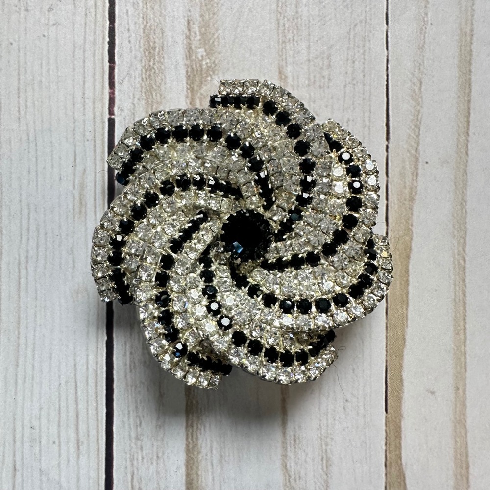 Vintage Swirl Pinwheel Brooch Black Clear Rhinestone Silver Tone Pin 2 Inch